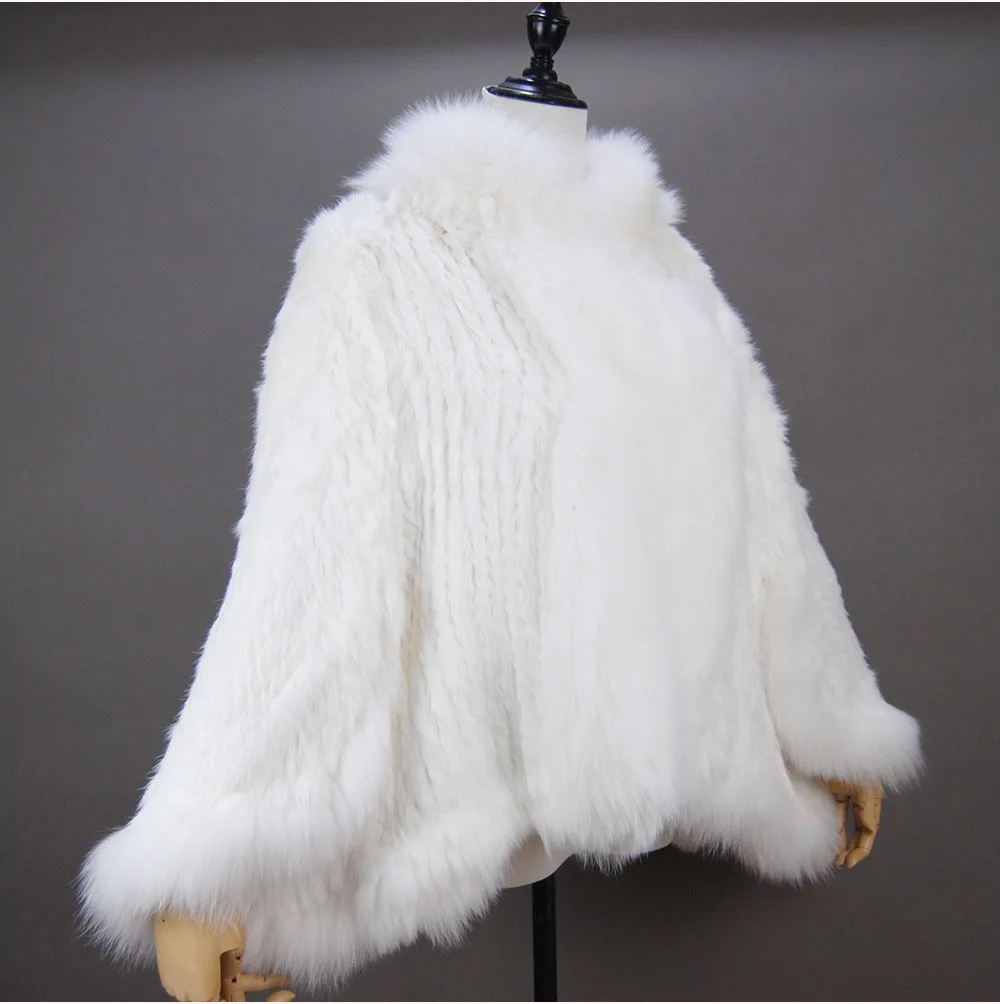 Fashion New Style Real Genuine Natural Knitted Rabbit Fur Shawl Coat With Fox Fur Collar Women's Fashion Knit Jacket Cape