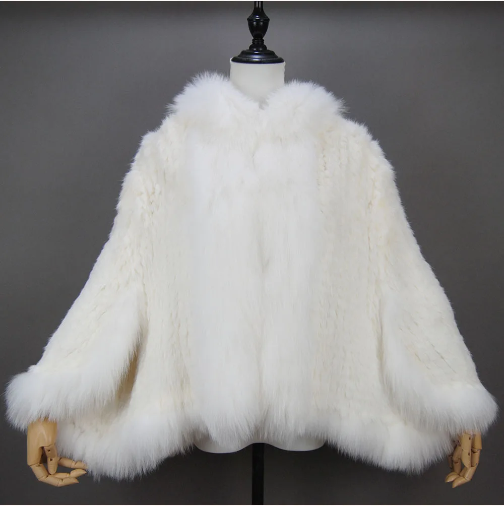 Fashion New Style Real Genuine Natural Knitted Rabbit Fur Shawl Coat With Fox Fur Collar Women's Fashion Knit Jacket Cape