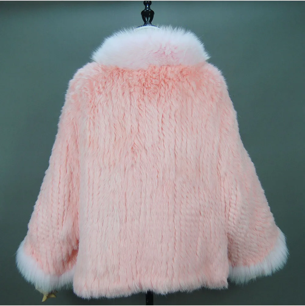 Fashion New Style Real Genuine Natural Knitted Rabbit Fur Shawl Coat With Fox Fur Collar Women's Fashion Knit Jacket Cape