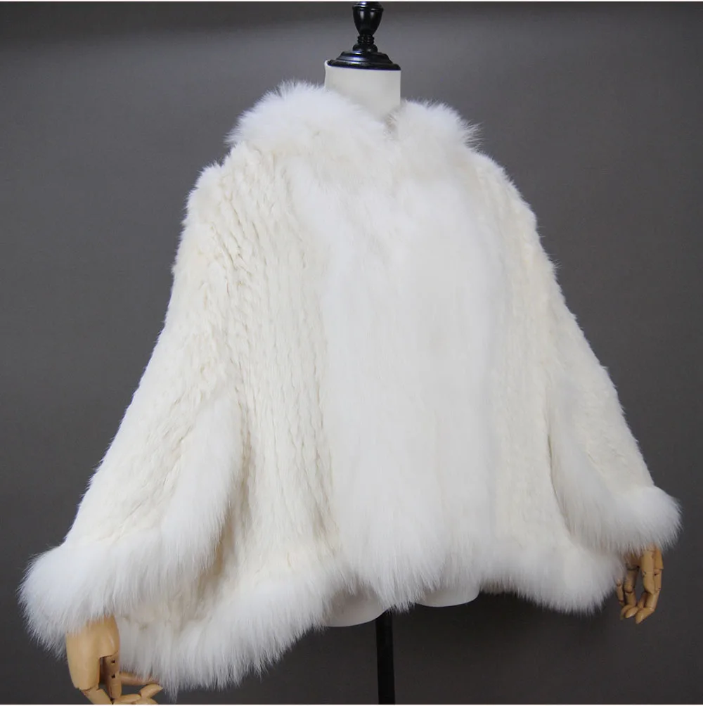 Fashion New Style Real Genuine Natural Knitted Rabbit Fur Shawl Coat With Fox Fur Collar Women's Fashion Knit Jacket Cape