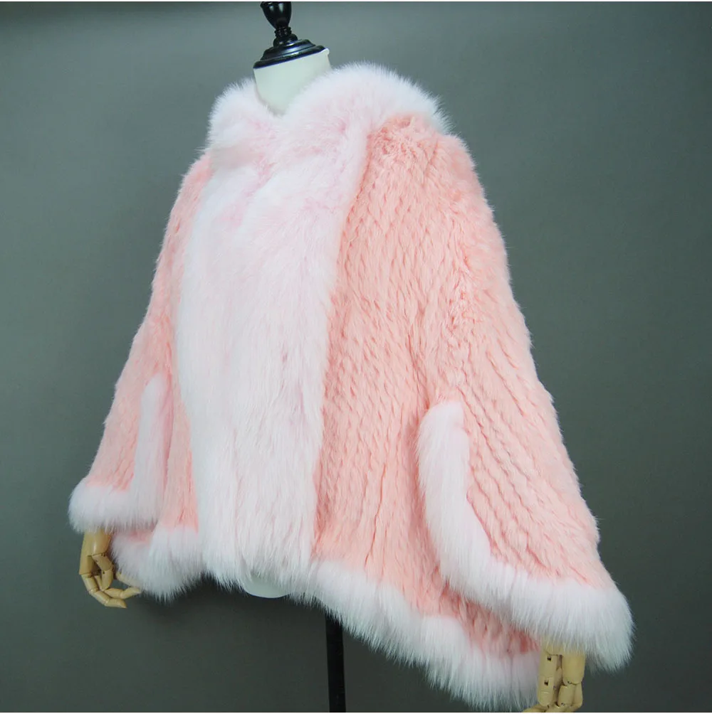 Fashion New Style Real Genuine Natural Knitted Rabbit Fur Shawl Coat With Fox Fur Collar Women's Fashion Knit Jacket Cape