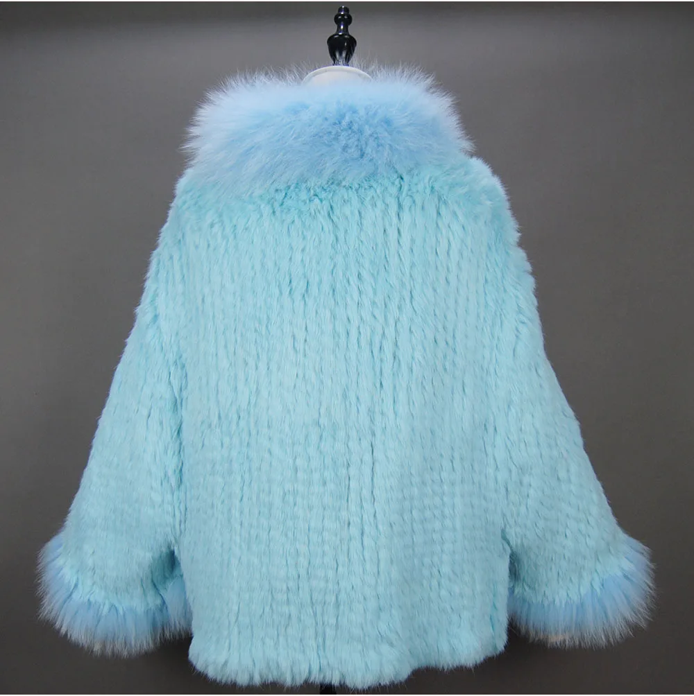 Fashion New Style Real Genuine Natural Knitted Rabbit Fur Shawl Coat With Fox Fur Collar Women's Fashion Knit Jacket Cape