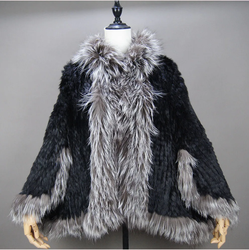 Fashion New Style Real Genuine Natural Knitted Rabbit Fur Shawl Coat With Fox Fur Collar Women's Fashion Knit Jacket Cape