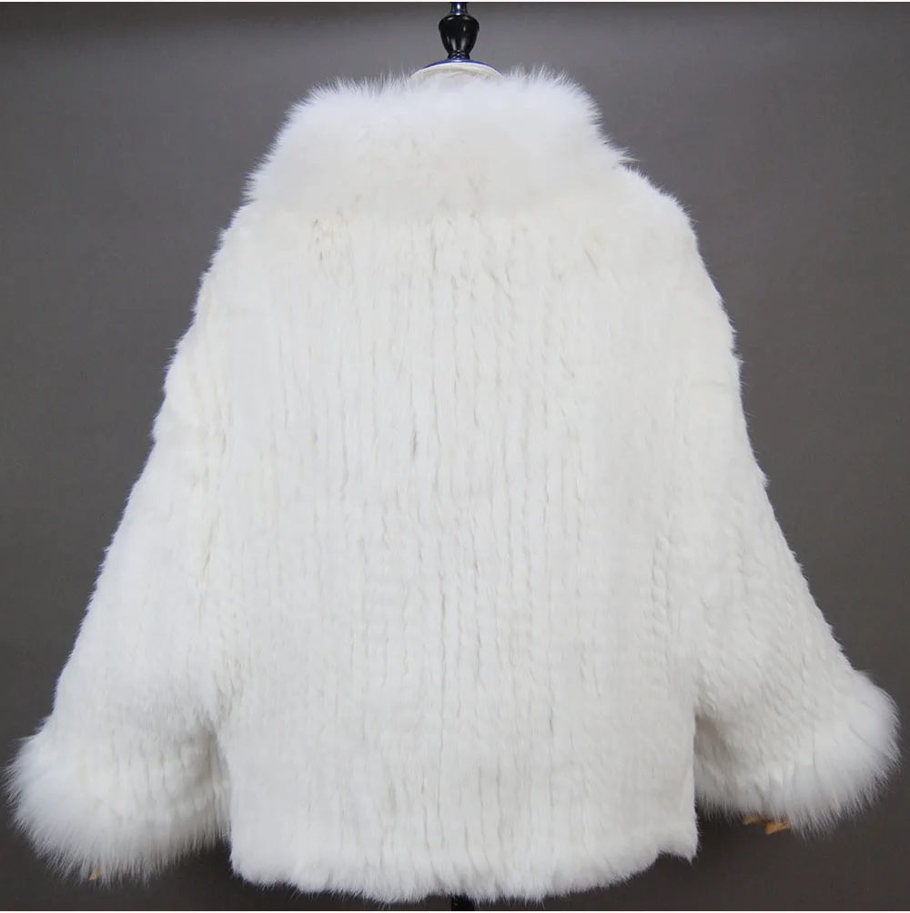 Fashion New Style Real Genuine Natural Knitted Rabbit Fur Shawl Coat With Fox Fur Collar Women's Fashion Knit Jacket Cape