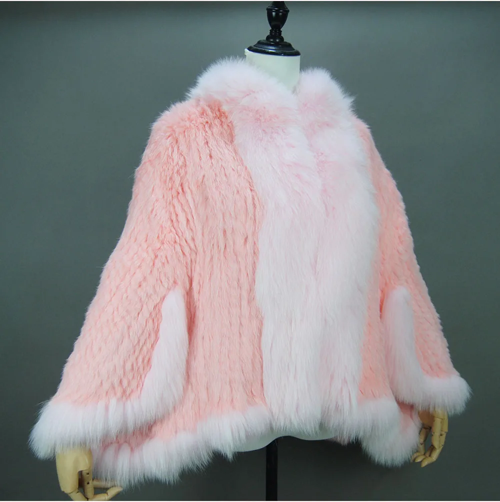 Fashion New Style Real Genuine Natural Knitted Rabbit Fur Shawl Coat With Fox Fur Collar Women's Fashion Knit Jacket Cape
