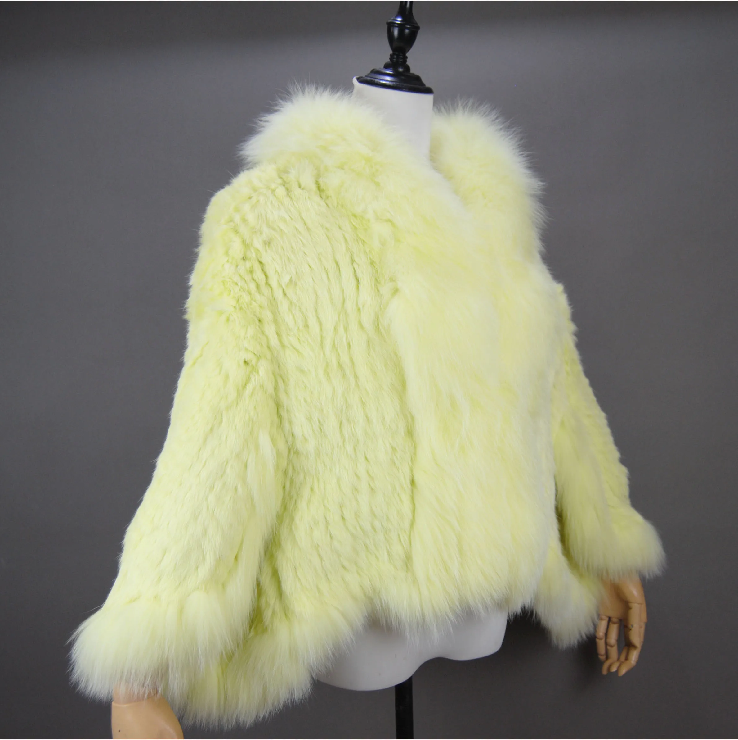 Fashion New Style Real Genuine Natural Knitted Rabbit Fur Shawl Coat With Fox Fur Collar Women's Fashion Knit Jacket Cape