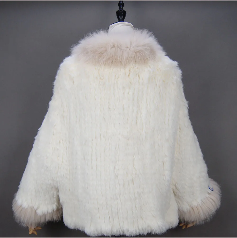 Fashion New Style Real Genuine Natural Knitted Rabbit Fur Shawl Coat With Fox Fur Collar Women's Fashion Knit Jacket Cape