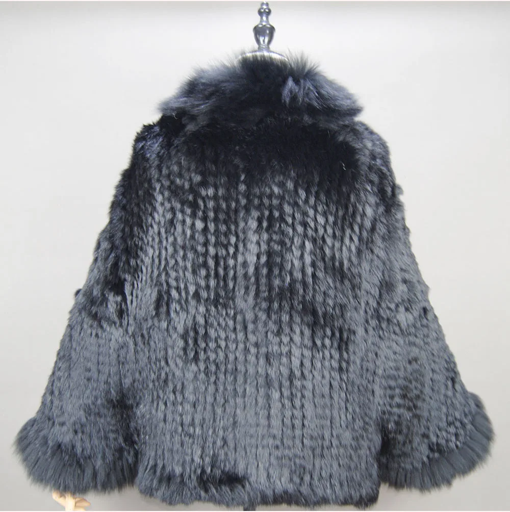 Fashion New Style Real Genuine Natural Knitted Rabbit Fur Shawl Coat With Fox Fur Collar Women's Fashion Knit Jacket Cape