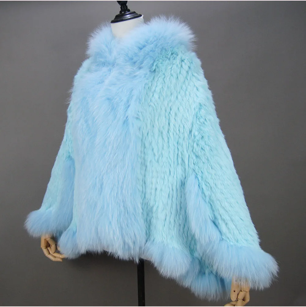 Fashion New Style Real Genuine Natural Knitted Rabbit Fur Shawl Coat With Fox Fur Collar Women's Fashion Knit Jacket Cape