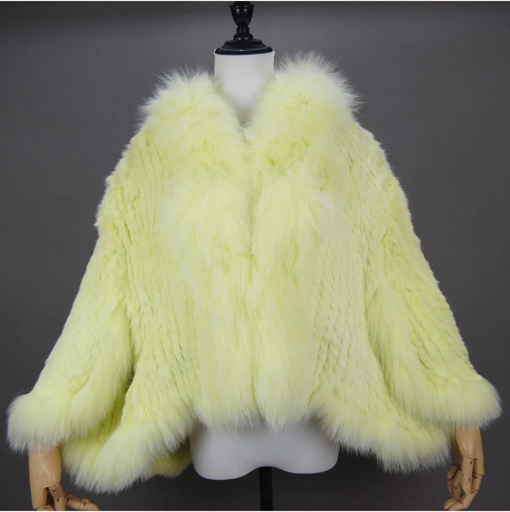 Fashion New Style Real Genuine Natural Knitted Rabbit Fur Shawl Coat With Fox Fur Collar Women's Fashion Knit Jacket Cape