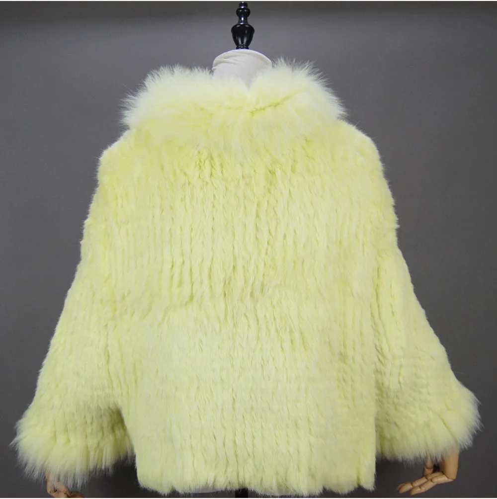 Fashion New Style Real Genuine Natural Knitted Rabbit Fur Shawl Coat With Fox Fur Collar Women's Fashion Knit Jacket Cape