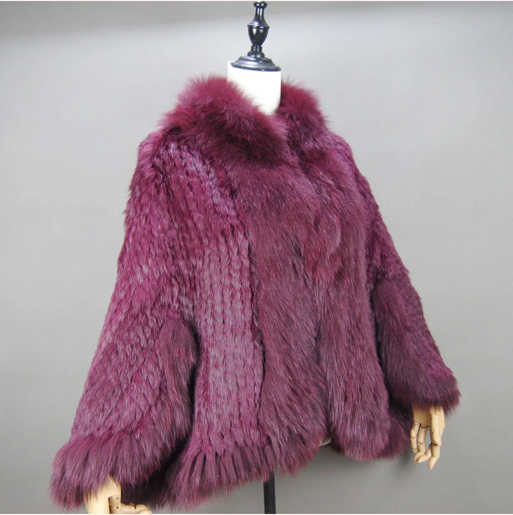 Fashion New Style Real Genuine Natural Knitted Rabbit Fur Shawl Coat With Fox Fur Collar Women's Fashion Knit Jacket Cape