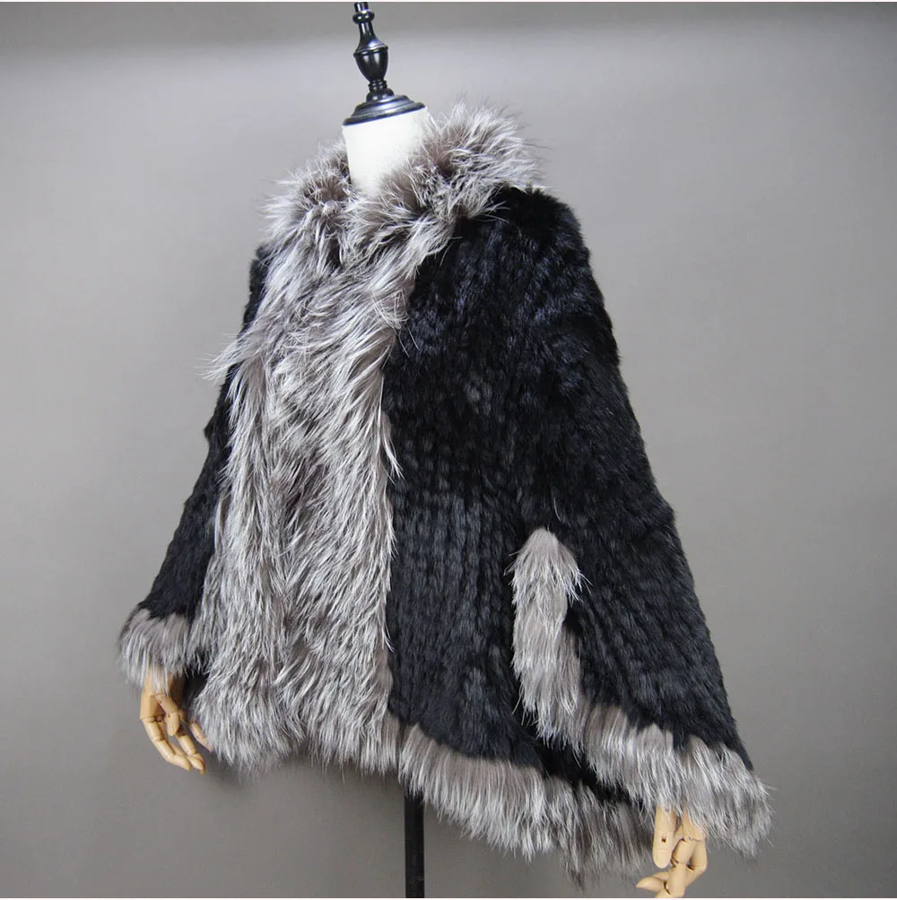 Fashion New Style Real Genuine Natural Knitted Rabbit Fur Shawl Coat With Fox Fur Collar Women's Fashion Knit Jacket Cape