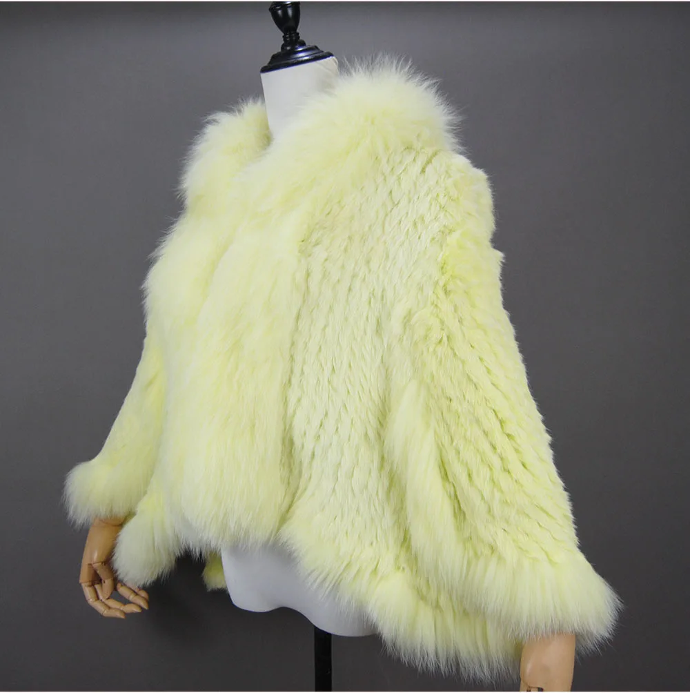 Fashion New Style Real Genuine Natural Knitted Rabbit Fur Shawl Coat With Fox Fur Collar Women's Fashion Knit Jacket Cape