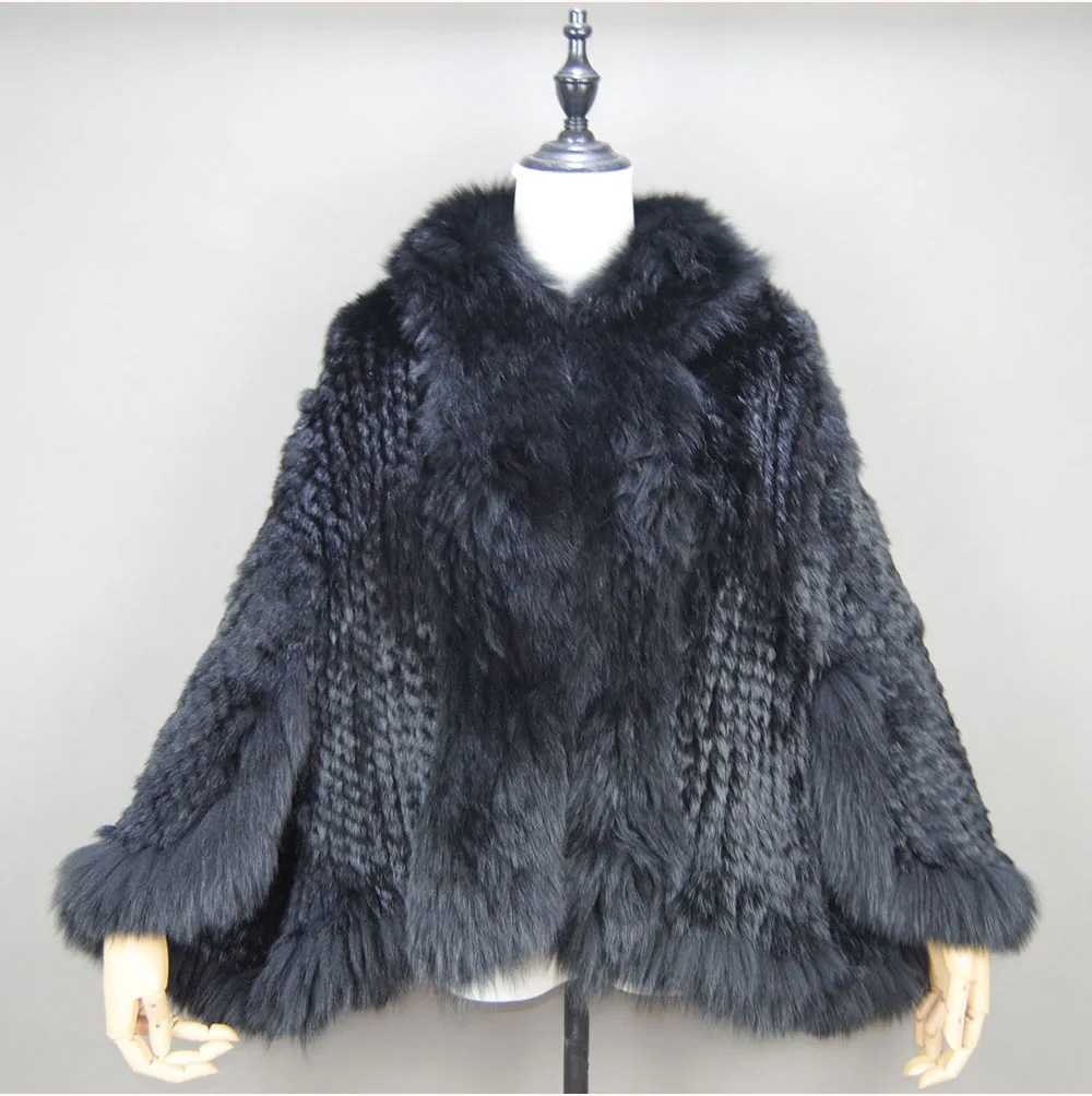 Fashion New Style Real Genuine Natural Knitted Rabbit Fur Shawl Coat With Fox Fur Collar Women's Fashion Knit Jacket Cape