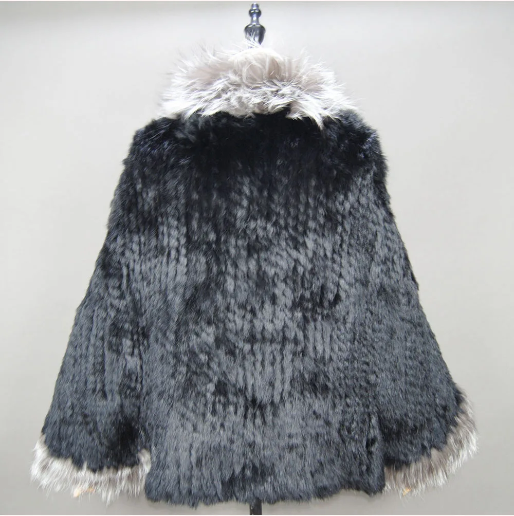 Fashion New Style Real Genuine Natural Knitted Rabbit Fur Shawl Coat With Fox Fur Collar Women's Fashion Knit Jacket Cape