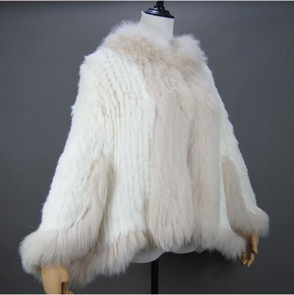 Fashion New Style Real Genuine Natural Knitted Rabbit Fur Shawl Coat With Fox Fur Collar Women's Fashion Knit Jacket Cape