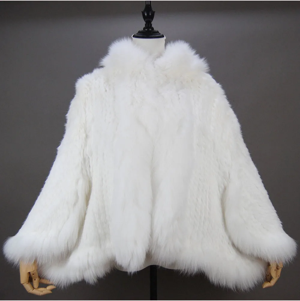 Fashion New Style Real Genuine Natural Knitted Rabbit Fur Shawl Coat With Fox Fur Collar Women's Fashion Knit Jacket Cape