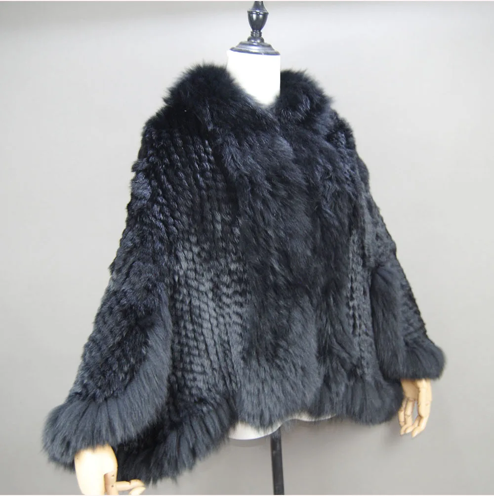 Fashion New Style Real Genuine Natural Knitted Rabbit Fur Shawl Coat With Fox Fur Collar Women's Fashion Knit Jacket Cape