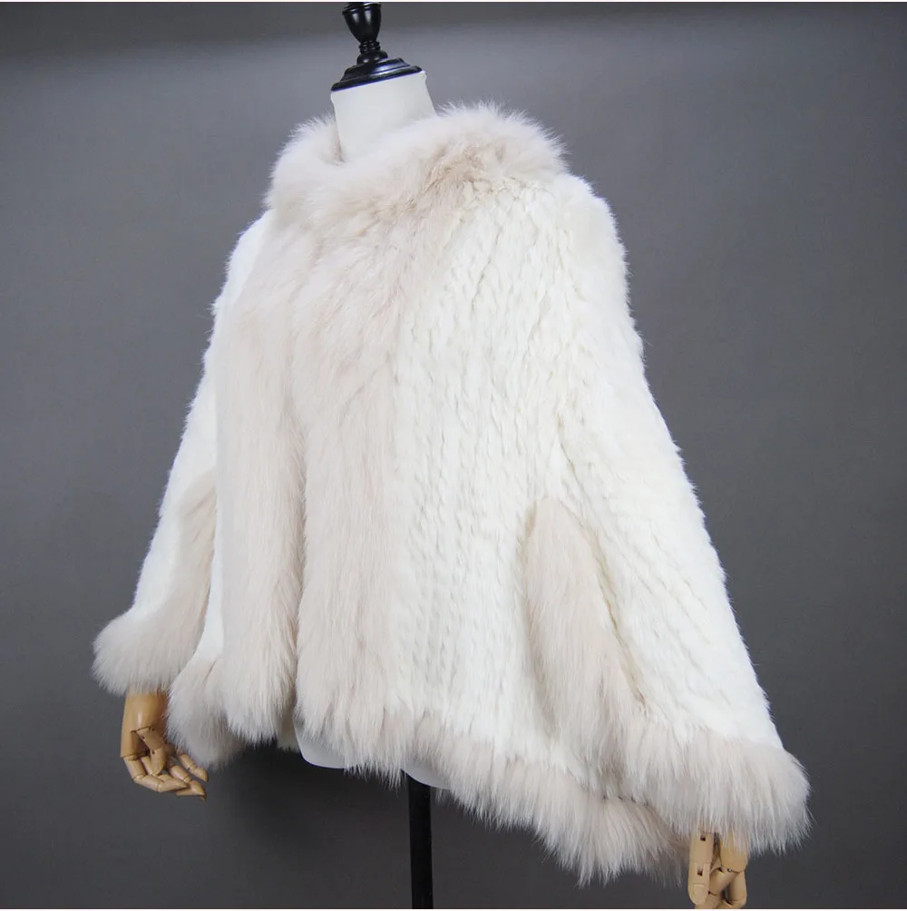Fashion New Style Real Genuine Natural Knitted Rabbit Fur Shawl Coat With Fox Fur Collar Women's Fashion Knit Jacket Cape