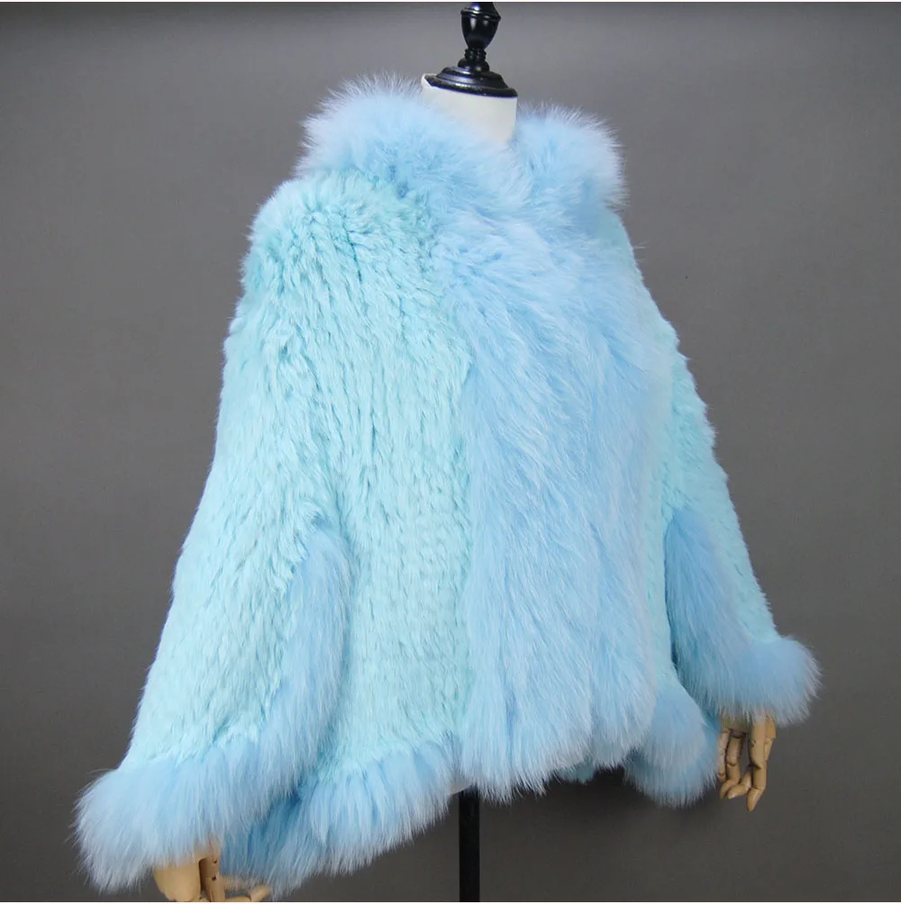 Fashion New Style Real Genuine Natural Knitted Rabbit Fur Shawl Coat With Fox Fur Collar Women's Fashion Knit Jacket Cape