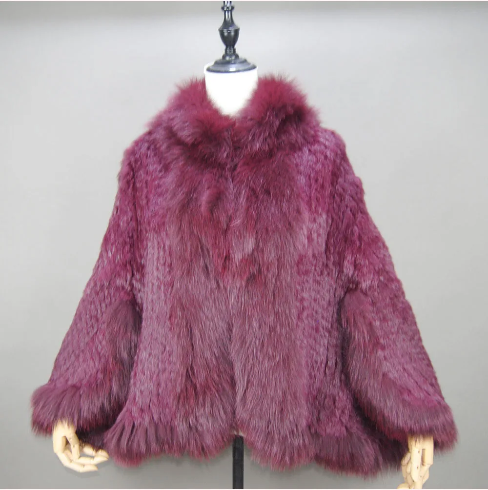 Fashion New Style Real Genuine Natural Knitted Rabbit Fur Shawl Coat With Fox Fur Collar Women's Fashion Knit Jacket Cape