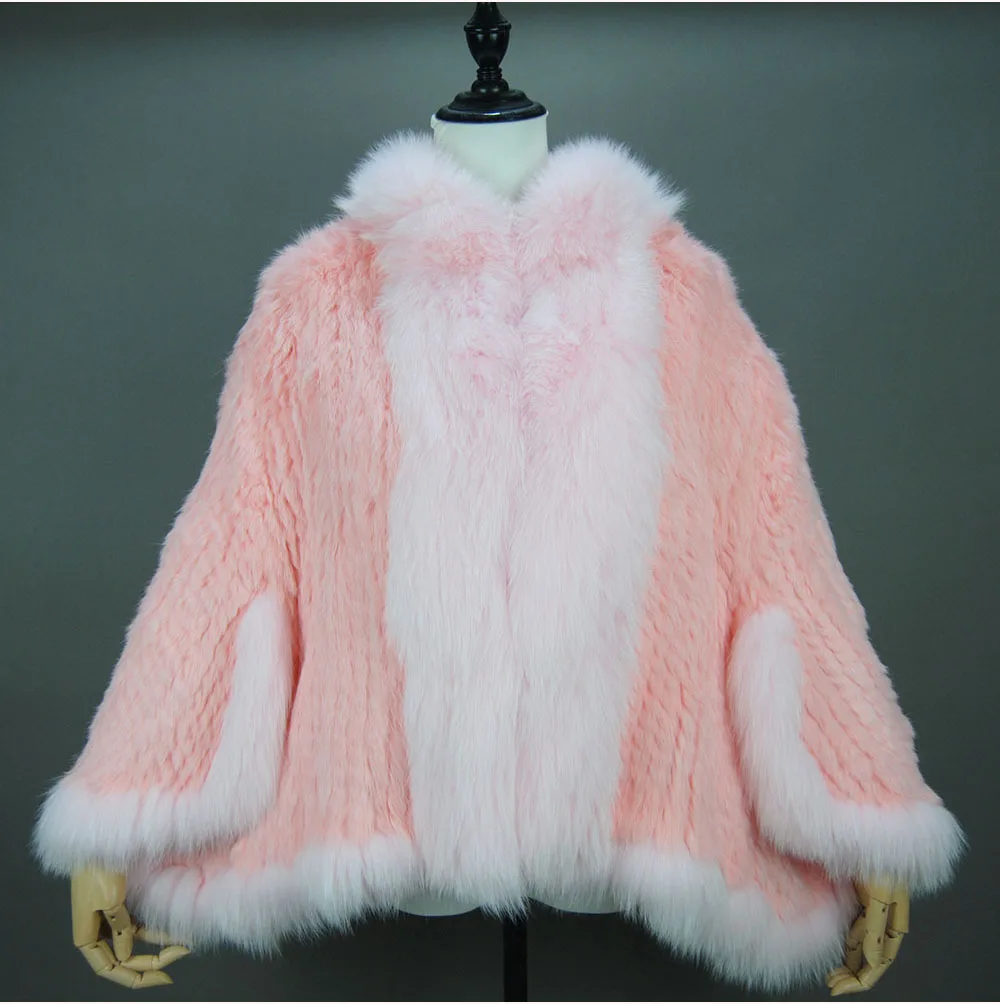 Fashion New Style Real Genuine Natural Knitted Rabbit Fur Shawl Coat With Fox Fur Collar Women's Fashion Knit Jacket Cape