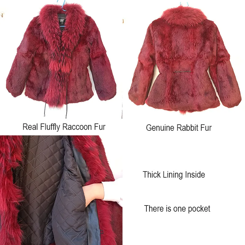 Women Winter Real Rabbit Fur Coat With Raccoon Fur Trimming Fashion Warm Luxury Long Sleeve Genuine Fur Jacket Female Outwear