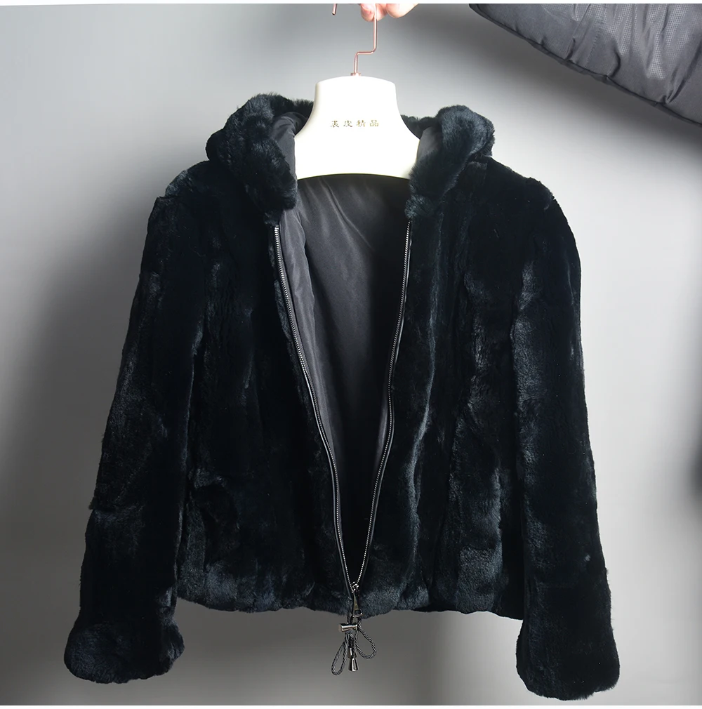 New Women Winter Warm Lady 100% Natural Rex Rabbit Fur Hooded Coats Real Rex Rabbit Fur Jackets Hot Genuine Fur Overcoat
