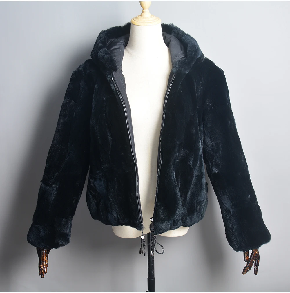 New Women Winter Warm Lady 100% Natural Rex Rabbit Fur Hooded Coats Real Rex Rabbit Fur Jackets Hot Genuine Fur Overcoat