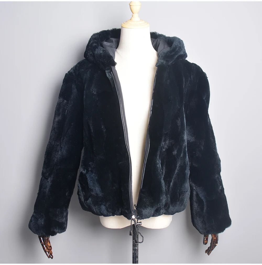 New Women Winter Warm Lady 100% Natural Rex Rabbit Fur Hooded Coats Real Rex Rabbit Fur Jackets Hot Genuine Fur Overcoat