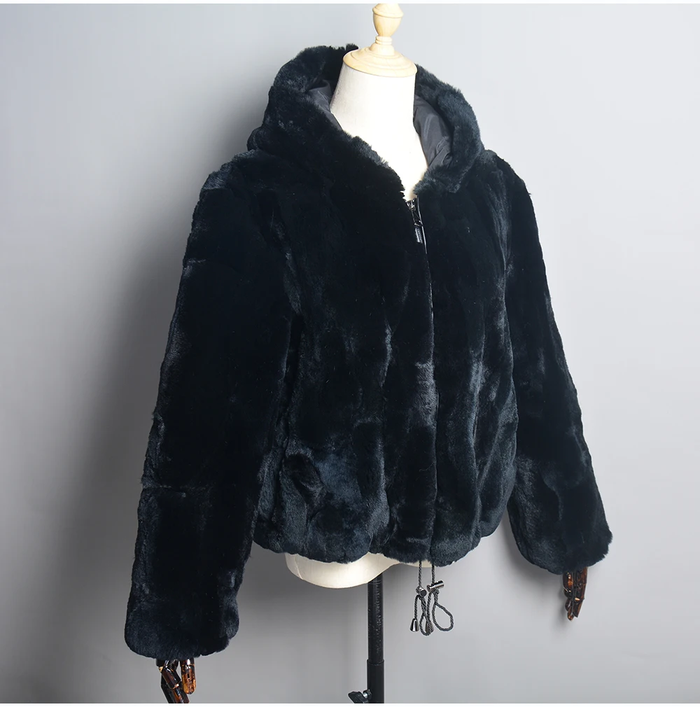 New Women Winter Warm Lady 100% Natural Rex Rabbit Fur Hooded Coats Real Rex Rabbit Fur Jackets Hot Genuine Fur Overcoat