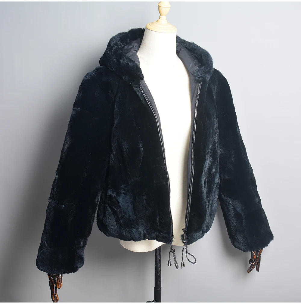 New Women Winter Warm Lady 100% Natural Rex Rabbit Fur Hooded Coats Real Rex Rabbit Fur Jackets Hot Genuine Fur Overcoat