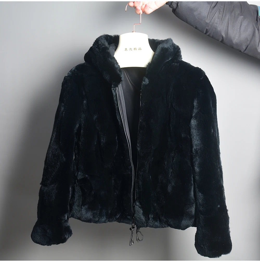 New Women Winter Warm Lady 100% Natural Rex Rabbit Fur Hooded Coats Real Rex Rabbit Fur Jackets Hot Genuine Fur Overcoat