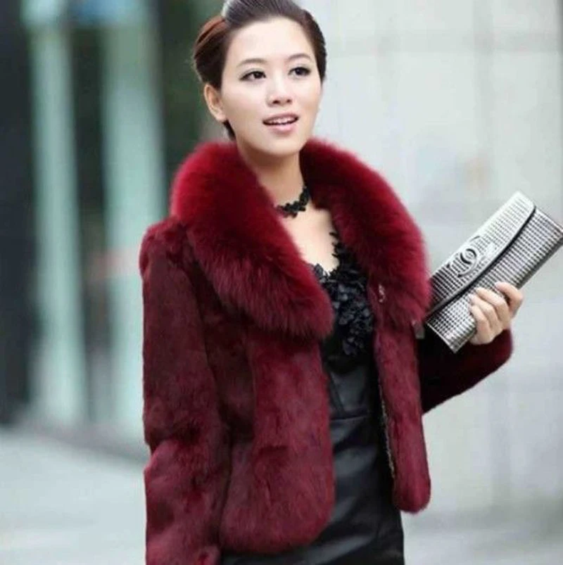 Hot Sale Women Winter Long Style 100% Real Rabbit Fur Coat with Fox Fur Collar Warm Thick Rabbit Fur Jacket Female Real Fur Coat