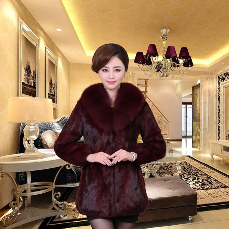 Hot Sale Women Winter Long Style 100% Real Rabbit Fur Coat with Fox Fur Collar Warm Thick Rabbit Fur Jacket Female Real Fur Coat