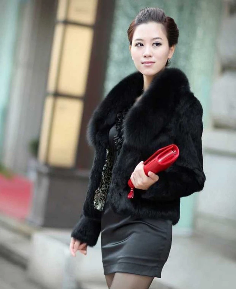 Hot Sale Women Winter Long Style 100% Real Rabbit Fur Coat with Fox Fur Collar Warm Thick Rabbit Fur Jacket Female Real Fur Coat