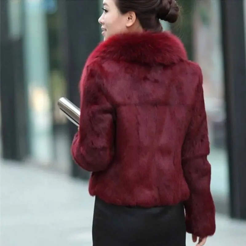 Hot Sale Women Winter Long Style 100% Real Rabbit Fur Coat with Fox Fur Collar Warm Thick Rabbit Fur Jacket Female Real Fur Coat