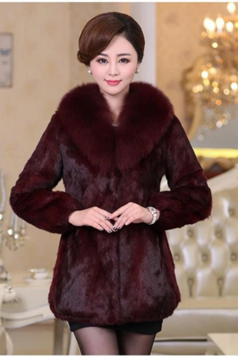 Hot Sale Women Winter Long Style 100% Real Rabbit Fur Coat with Fox Fur Collar Warm Thick Rabbit Fur Jacket Female Real Fur Coat