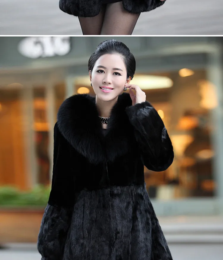 Hot Sale Women Winter Long Style 100% Real Rabbit Fur Coat with Fox Fur Collar Warm Thick Rabbit Fur Jacket Female Real Fur Coat