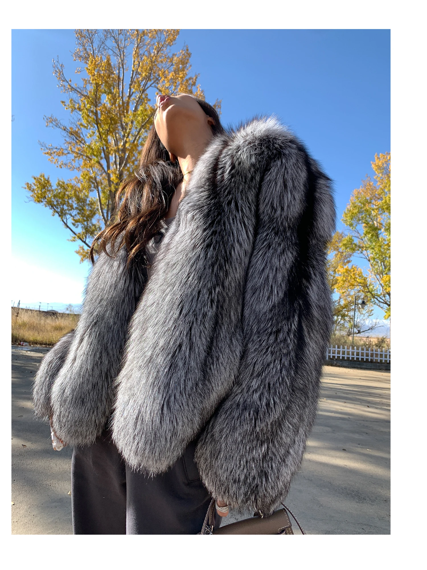 Real Natural Silver Fox Fur Coat Highend Quality Genuine Women Winter Luxury Female Jacket Long Sleeve