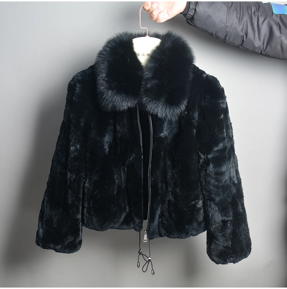 New Fashion Lady 100% Natural Rex Rabbit Fur Coat Women Winter Thick Warm Real Rex Rabbit Fur Jacket With Quality Fox Fur Collar