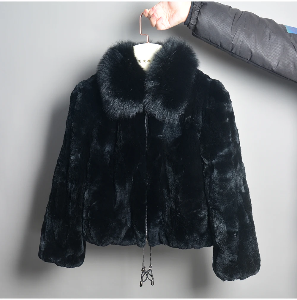 New Fashion Lady 100% Natural Rex Rabbit Fur Coat Women Winter Thick Warm Real Rex Rabbit Fur Jacket With Quality Fox Fur Collar