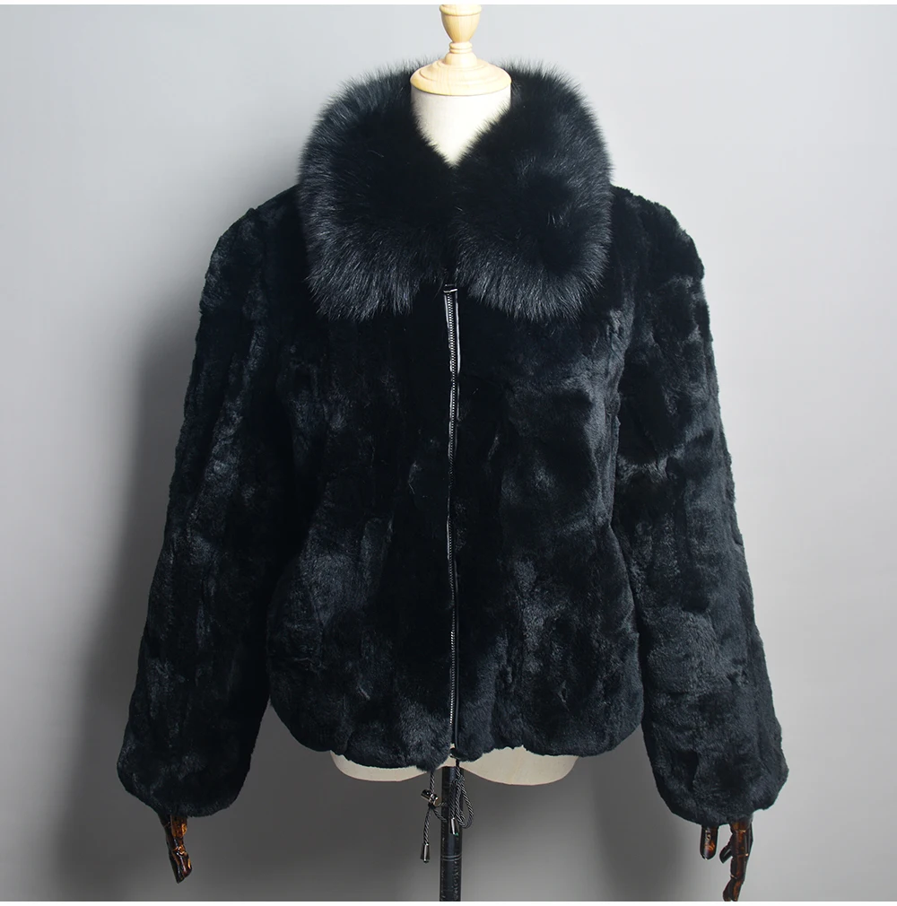 New Fashion Lady 100% Natural Rex Rabbit Fur Coat Women Winter Thick Warm Real Rex Rabbit Fur Jacket With Quality Fox Fur Collar