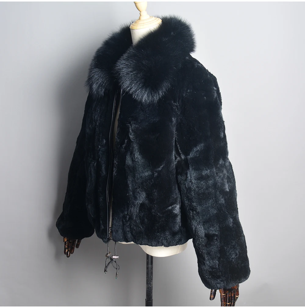 New Fashion Lady 100% Natural Rex Rabbit Fur Coat Women Winter Thick Warm Real Rex Rabbit Fur Jacket With Quality Fox Fur Collar