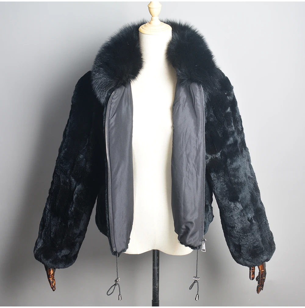 New Fashion Lady 100% Natural Rex Rabbit Fur Coat Women Winter Thick Warm Real Rex Rabbit Fur Jacket With Quality Fox Fur Collar