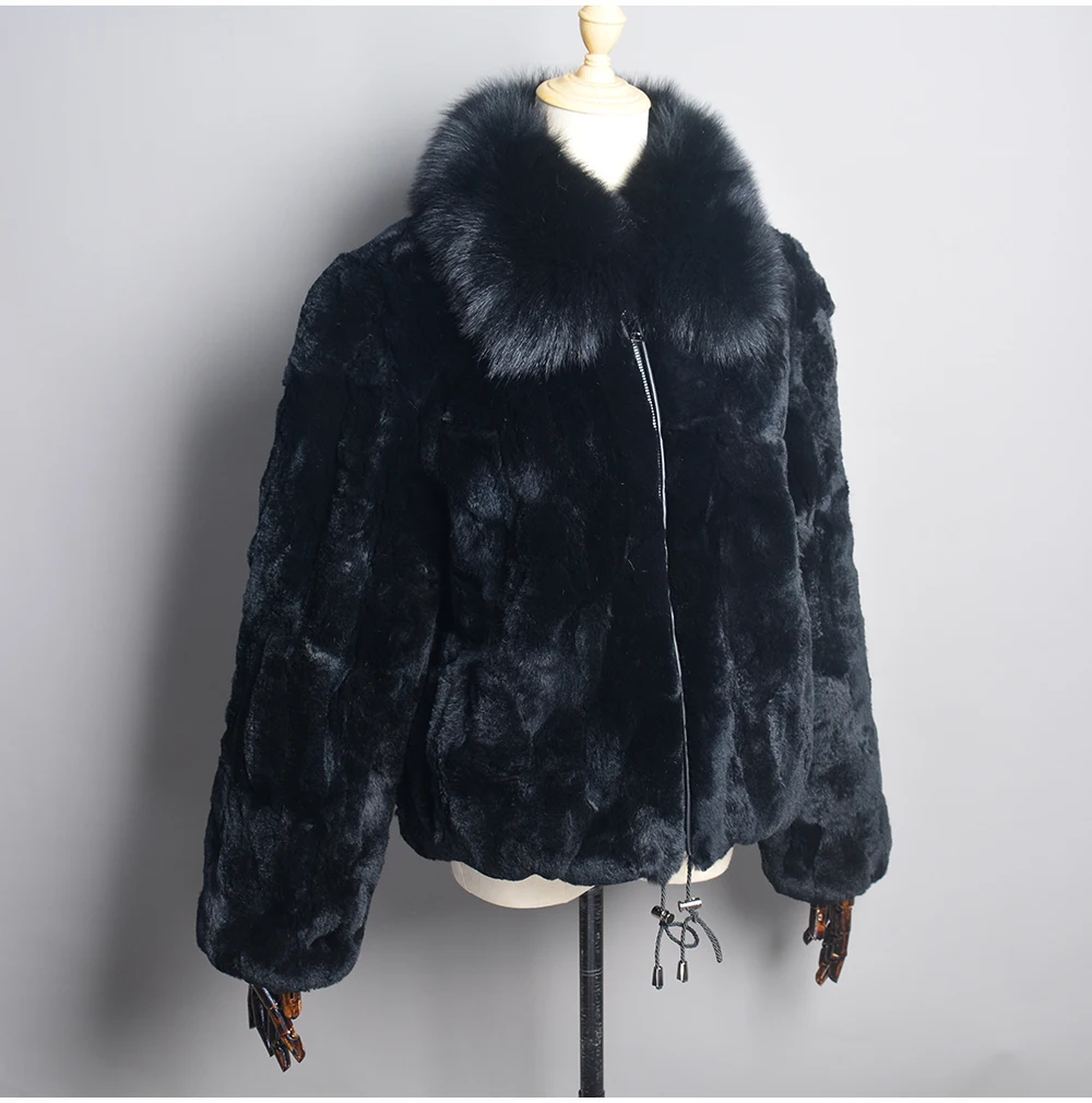New Fashion Lady 100% Natural Rex Rabbit Fur Coat Women Winter Thick Warm Real Rex Rabbit Fur Jacket With Quality Fox Fur Collar