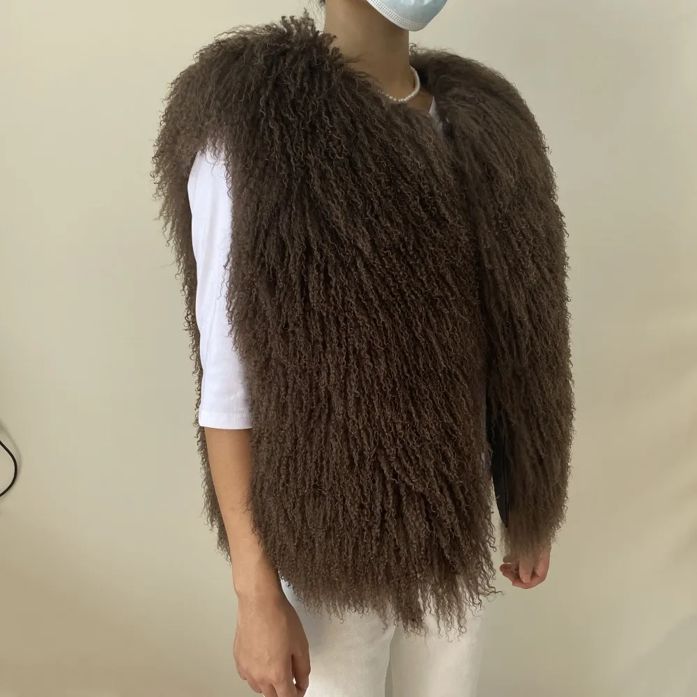 Women's Luxurious Fluffy Warm Mongolian Sheepskin Short Vest Coat Spring Autumn Sexy Wool Outerwear New Collection