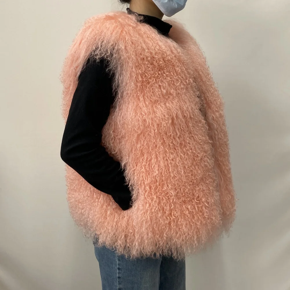 Women's Luxurious Fluffy Warm Mongolian Sheepskin Short Vest Coat Spring Autumn Sexy Wool Outerwear New Collection