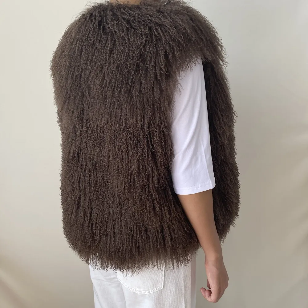 Women's Luxurious Fluffy Warm Mongolian Sheepskin Short Vest Coat Spring Autumn Sexy Wool Outerwear New Collection
